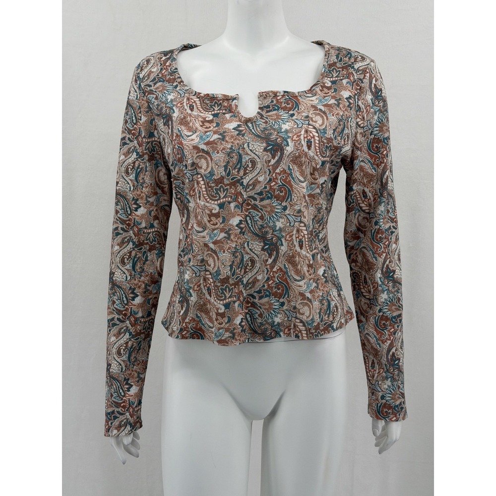 Gypsies & Moondust Top Womens XL Brown Paisley Long‎ Sleeve Thermal Stretch Boho